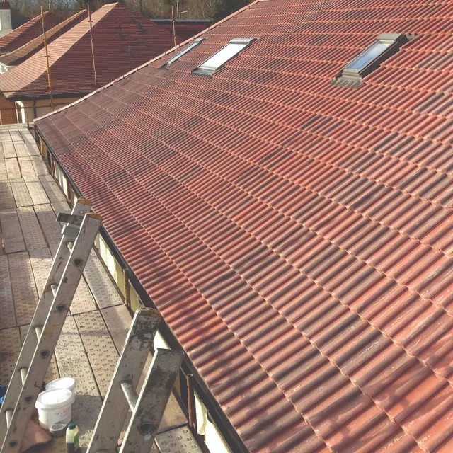 Red interlocking tiled roof with three roof windows, seen from the scaffold